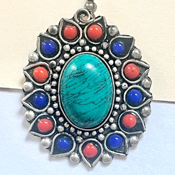 (pendant) 1980s vintage boho necklace pendant red, blue, green, &turquoise stone - Picture 8 of 10